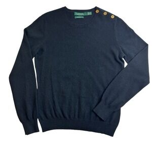 RALPH LAUREN Classic Soft Black 100% Cashmere Sweater Gold Button Detail LARGE‎
